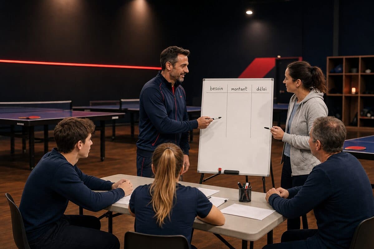 Bénévoles d'un club de ping autour d'un tableau pour préciser besoin, montant et délai