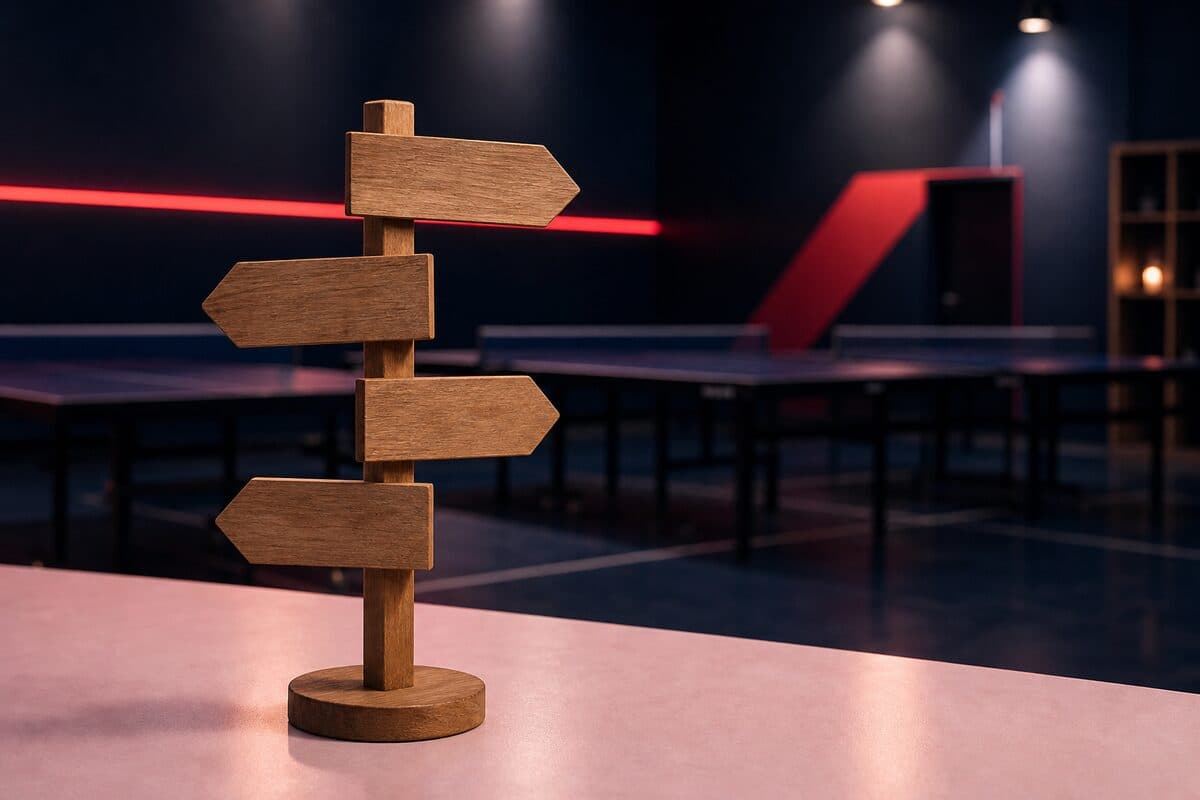 Quatre pancartes de direction sur une table dans une salle de tennis de table