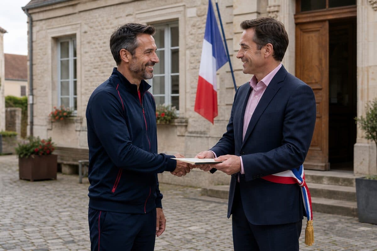 Dirigeant de club et élu devant une mairie française, échange de dossier