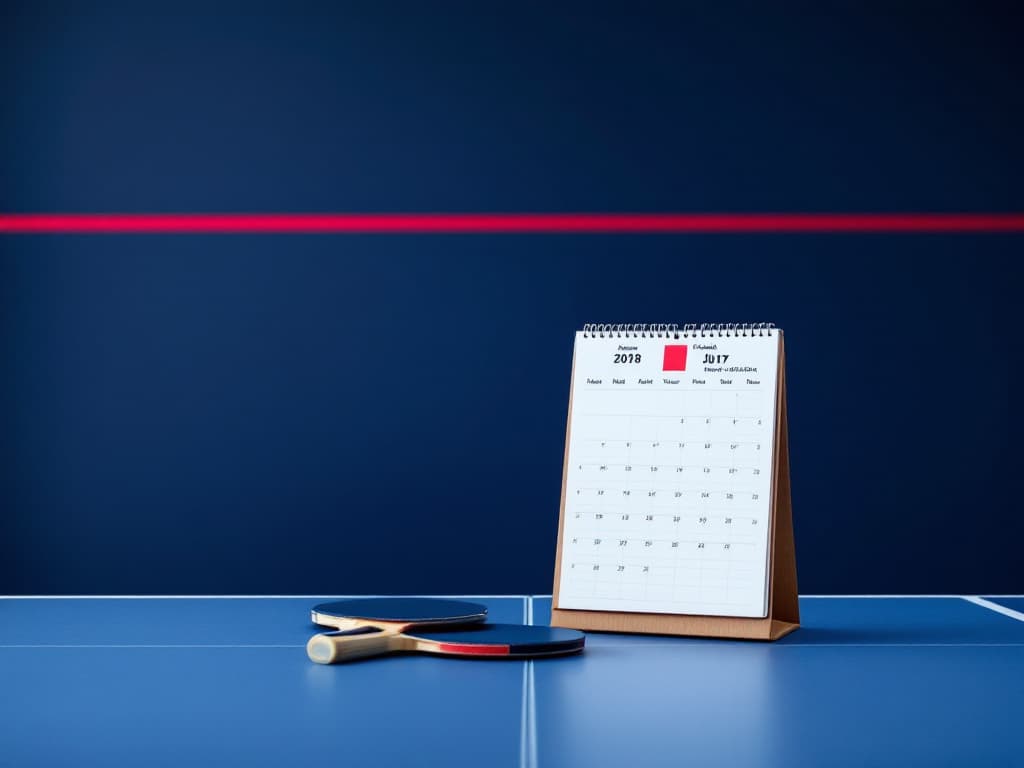 Calendrier de saison et matériel de tournoi côte à côte dans une salle de ping
