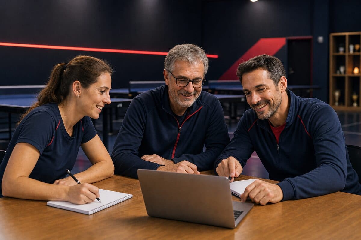 Trois bénévoles de club collaborant autour d'un ordinateur portable
