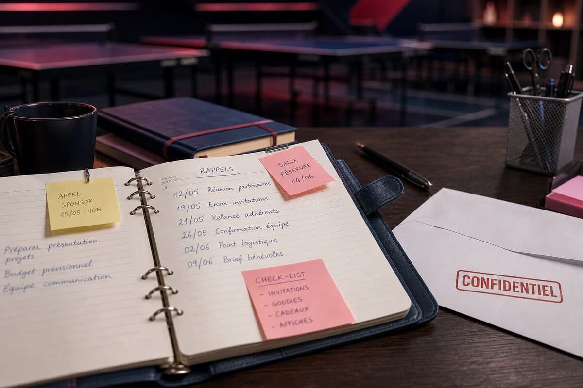 Agenda et notes de relance sur un bureau de club, salle de ping en fond