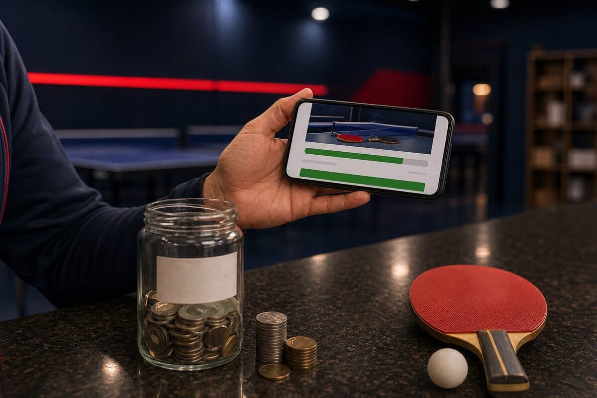 Cagnotte en ligne consultée sur un téléphone au comptoir du club