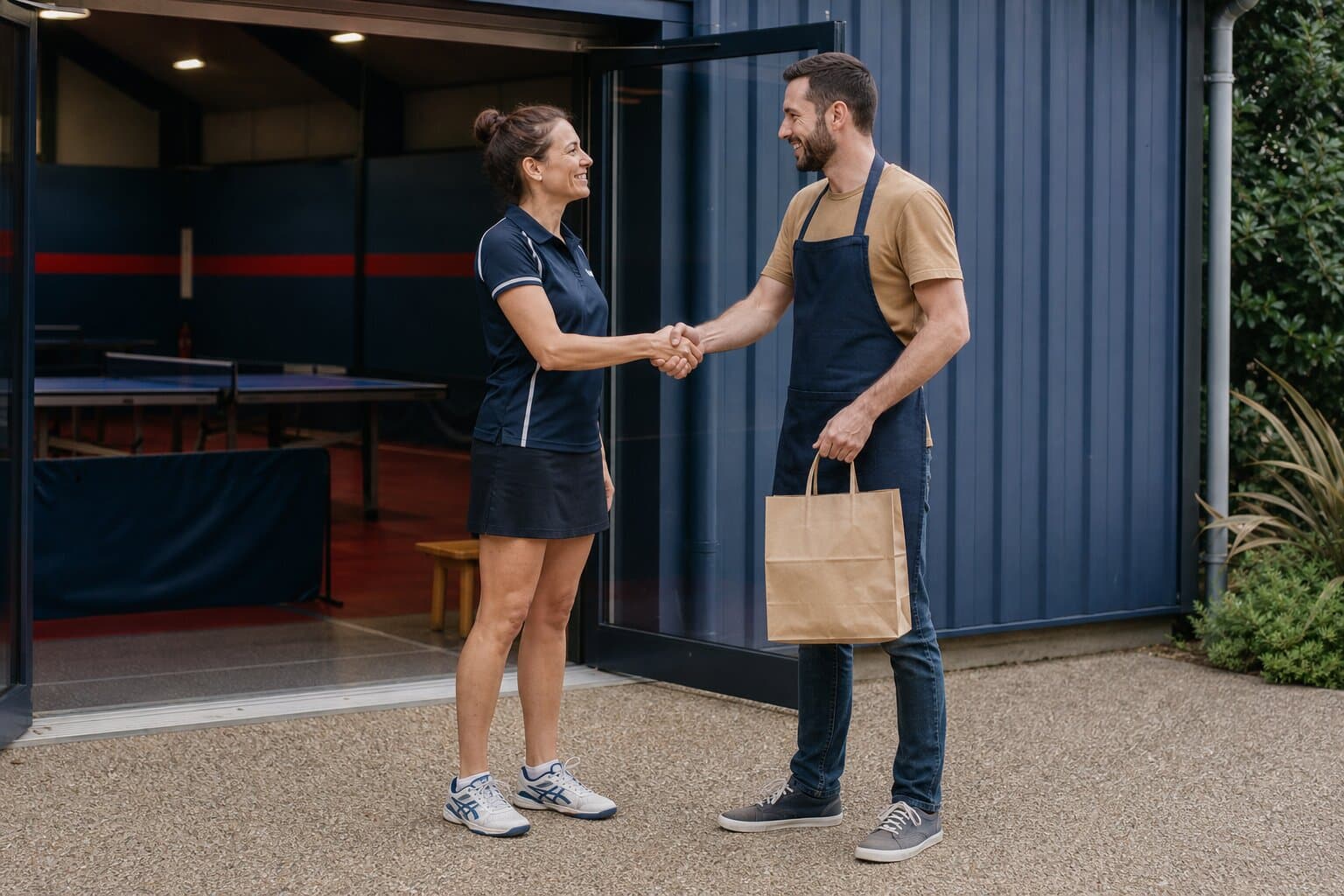 Présidente de club et commerçant local scellant un partenariat