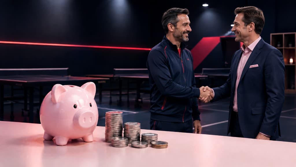 Dirigeant de club et sponsor se serrent la main dans une salle de ping, avec une tirelire et des pièces au premier plan