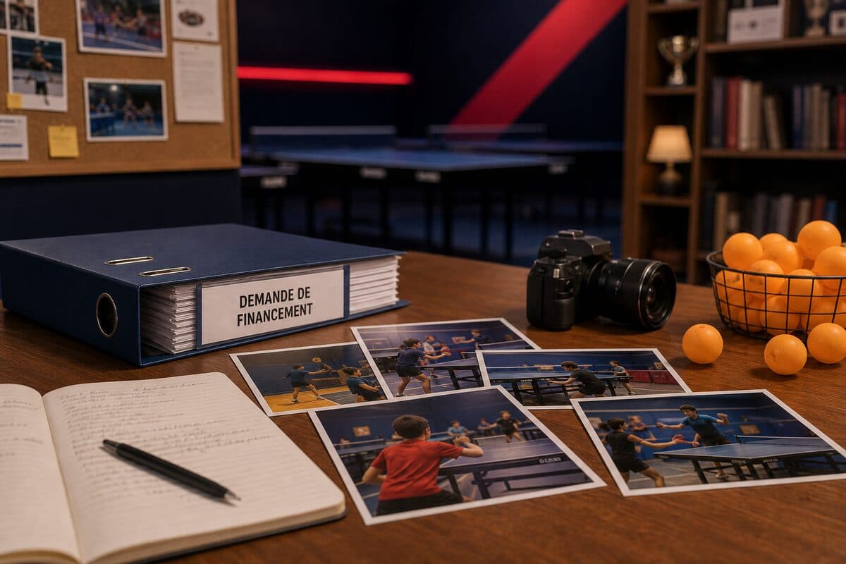 Photos d'entraînement et dossier de financement étalés sur un bureau